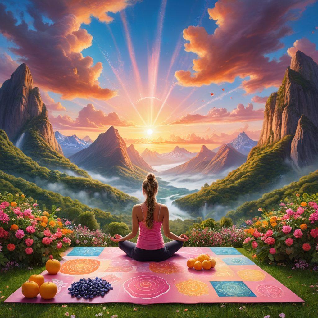 A serene landscape with a person meditating amidst lush mountains, surrounded by symbols of wellness like yoga mats, crystals, and fresh fruits. The sky is painted with vibrant sunrise colors, reflecting a sense of hope and transformation. Include elements like flowing water and blooming flowers to emphasize a harmonious connection with nature. super-realistic. vibrant colors. peaceful ambiance.