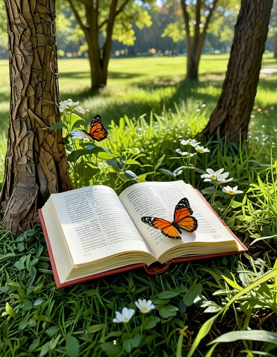 A serene open book surrounded by nature, with sunlight streaming through lush trees and highlighting joyful moments like laughter, meditation, and self-care. Feature Kobetai products subtly integrated within the scene, emanating a soft glow. Include butterflies and flowers to symbolize growth and happiness. Warm, inviting colors. super-realistic. vibrant colors.